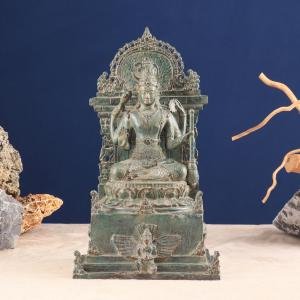 Indonesian Bronze Lord Vishnu on Throne with Garuda | 12" x 7" x 5" (30.5 x 17.8 x 12.7 cm) | 3.81 kg Sacred Art | Divine Balance Murti